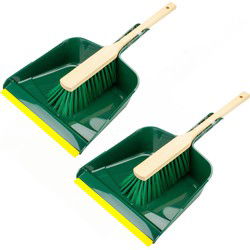 Set van 2x stuks kunststof stoffer en blik groen/geel met lange steel voor buiten - Stoffer en blik