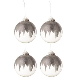 J-line - Doos Van 4 Kerstballen Glitter Mini Kwast Grijs Glas Transparant Large - 12x12x12cm