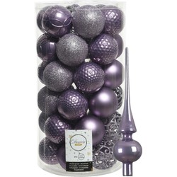 37x stuks kunststof kerstballen 6 cm incl. glanzende glazen piek lila paars - Kerstbal