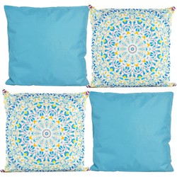 Bank/tuin kussens set - binnen/buiten - 4x stuks - blauw/print - In een 2 kleuren mix - Sierkussens