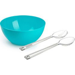 Salade serveer schaal - blauw - kunststof - Dia 28 cm - met sla couvert/bestek - Serveerschalen