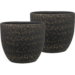 Set van 2x stuks plantenpot/Bloempot in het lava-look zwart Dia 15 cm en Hoogte 13 cm - Plantenpotten