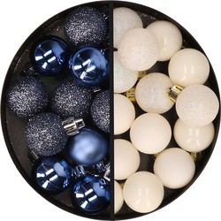 34x stuks kunststof kerstballen donkerblauw en wolwit 3 cm - Kerstbal