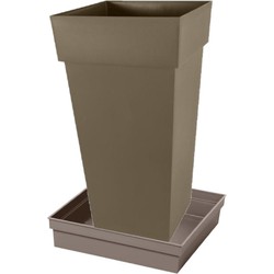 Bloempot Toscane vierkant kunststof taupe L43 x B43 x H80 cm inclusief onderschaal L33 x B33 x H5 cm - Plantenpotten