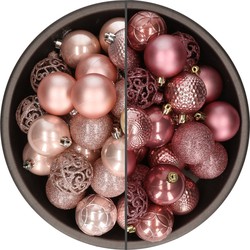 74x stuks kunststof kerstballen mix van velvet roze en lichtroze 6 cm - Kerstbal