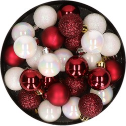 28x stuks kunststof kerstballen parelmoer wit en donkerrood mix 3 cm - Kerstbal