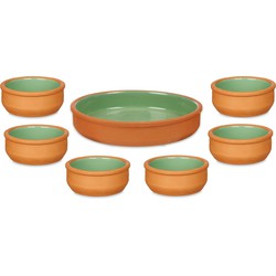 Set 7x tapas/creme brulee schaaltjes - terra/groen - 6x 8 cm/1x 23 cm - Snack en tapasschalen