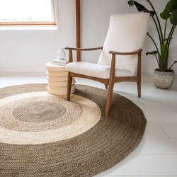 Rond Jute Vloerkleed Dart met Randen Groen/wit/naturel/groen - <a href="https://vloerkledenloods.nl/vloerkleden/jute-vloerkleden">Jute</a> - Rond 200 Ø - (L)