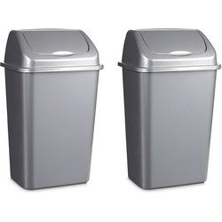 Plasticforte Afvalemmer 30L - 2x - zilver - 34x27x58 cm - kunststof - Prullenbakken