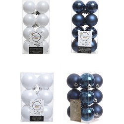 Kerstversiering kunststof kerstballen mix donkerblauw/winter wit 4 en 6 cm pakket van 80x stuks - Kerstbal