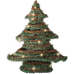 Kerstdecoratie rotan decoratie kerstboom groen met verlichting H40 cm - Kunstkerstboom