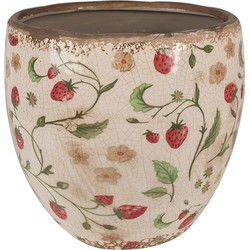 Clayre & Eef Bloempot  Ø 18x18 cm Beige Rood Keramiek Aardbeien Bloempot Binnen