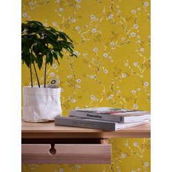 Livingwalls behang bloemmotief geel en grijs - 53 cm x 10,05 m - AS-387392