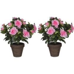 2x groene Azalea kunstplanten met roze bloemen 27 cm met pot stan grey - Kunstplanten
