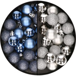 40x stuks kleine kunststof kerstballen donkerblauw en zilver 3 cm - Kerstbal