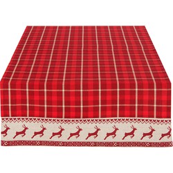 Clayre & Eef Tafelloper  50x140 cm Rood Beige Katoen Rechthoek Herten en Kerst Tafelkleed